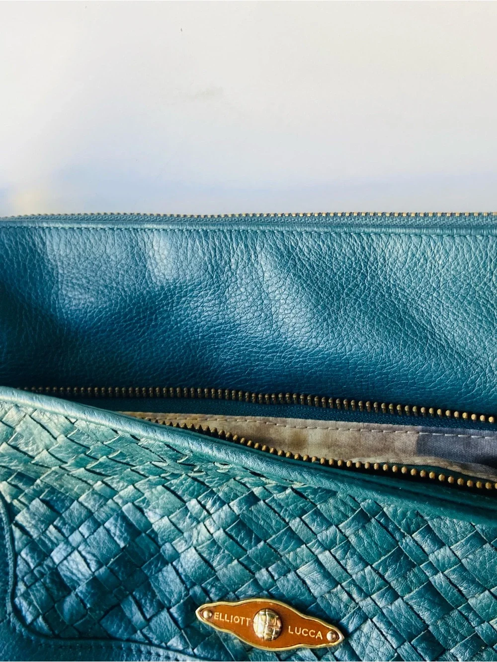 Elliott Lucca Teal Woven Leather Shoulder Bag with Branded Plaque